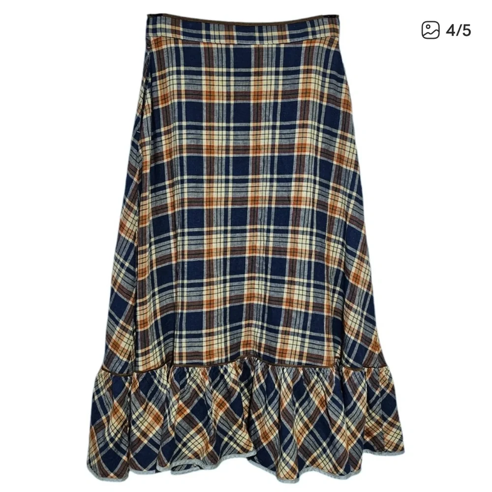 Ralph Lauren Double RL Blue Plaid Midi Skirt with Brown and Cream - Picture 4 of 6